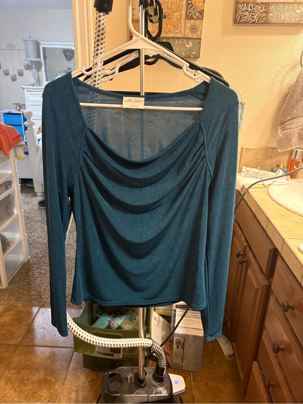 Allison Taylor Teal Draped Cowl-Neck Long Sleeve Blouse